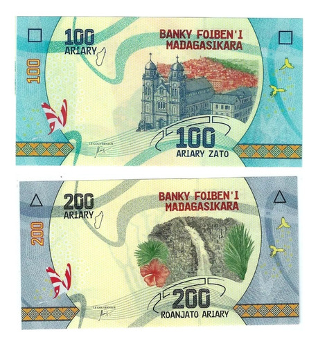 Madagascar - Serie 2 Billetes 100 200 Ariary 2017 - Unc.