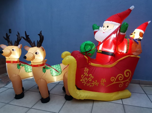 Inflable Santa En Trineo Y Oso Con Gorro Luz Led