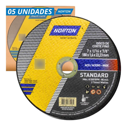 Kit 5 Discos De Corte Standard 180x1.6x2 Norton