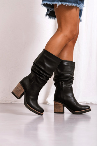 Botas Mujer Caña Alta Taco Ancho Foliado Eco Cuero Moda 750