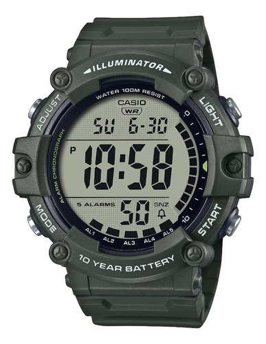 Relógio de pulso Casio Youth AE-1500 com corpo preto,  digital, para sem gênero, fundo  cinza, com correia de resina cor verde, subdials de cor preto, ponteiro de minutos/segundos preto, bisel cor verde, luz âmbar e fivela dupla