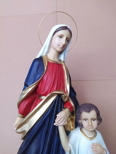 Maria Passa Na Frente 55 Cm Resina Imagem Auréola De Metal Cor Pintura A Mão