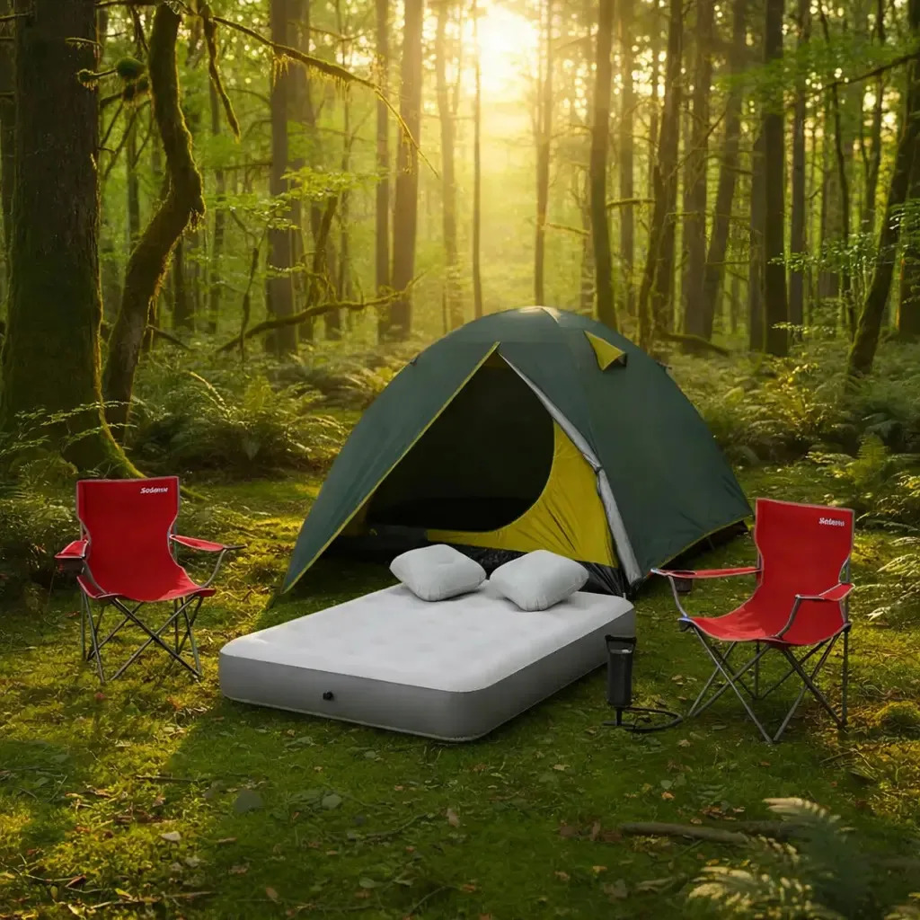 Carpa 4 Personas Colchón 2p Almohada X2 Sillas X2 Inflador Color Verde/Amarillo/Rojo