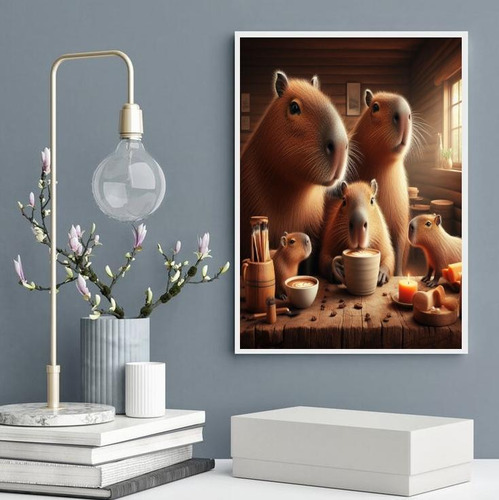 Quadro Família Capivaras Tomando Café 24x18cm - Com Vidro