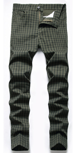 Pantalones Estampados A Cuadros Para Hombre, De Alta Elastic