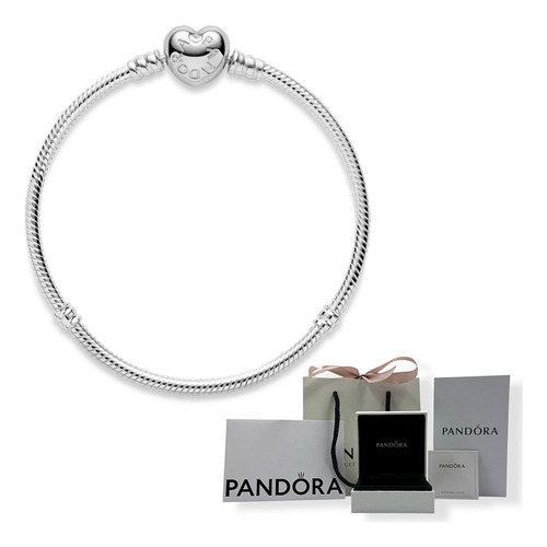 Brazalete Pandora Cadena De Serpiente, Broche De Corazón, Og Plateado 16 Cm