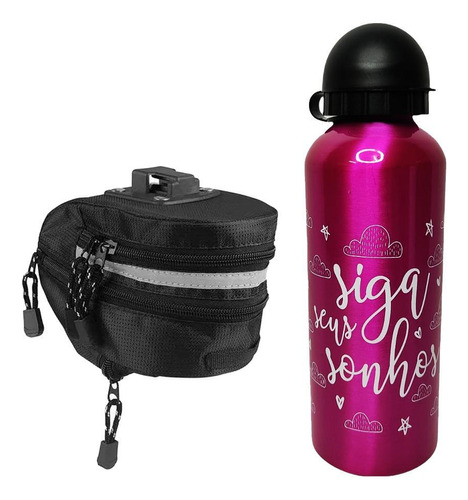 Kit Garrafa Squeeze 500ml Sonhos Rosa + Bolsa De Selim 2 L