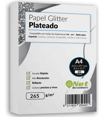 Papel Fotográfico Glitter A4 265gr Glossy Plateado 20 Hojas