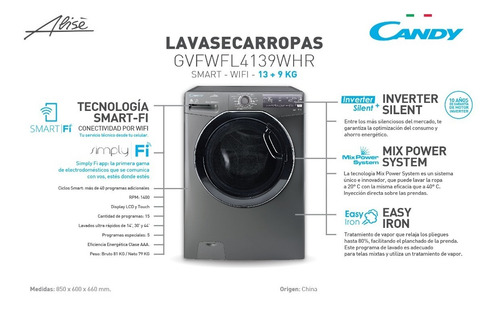 Imagen 2 de 7 de Lavasecarropas Candy Gvfwl4139whr-12 13+9kg Wifi Smart
