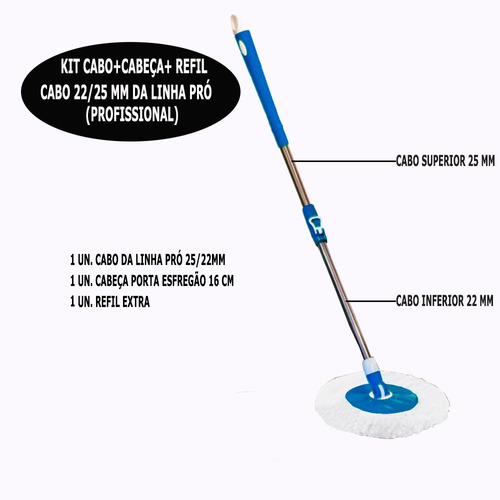 Kit Cabo Mop Profissional 25mm + Base + 1 Unid. Refil Extra