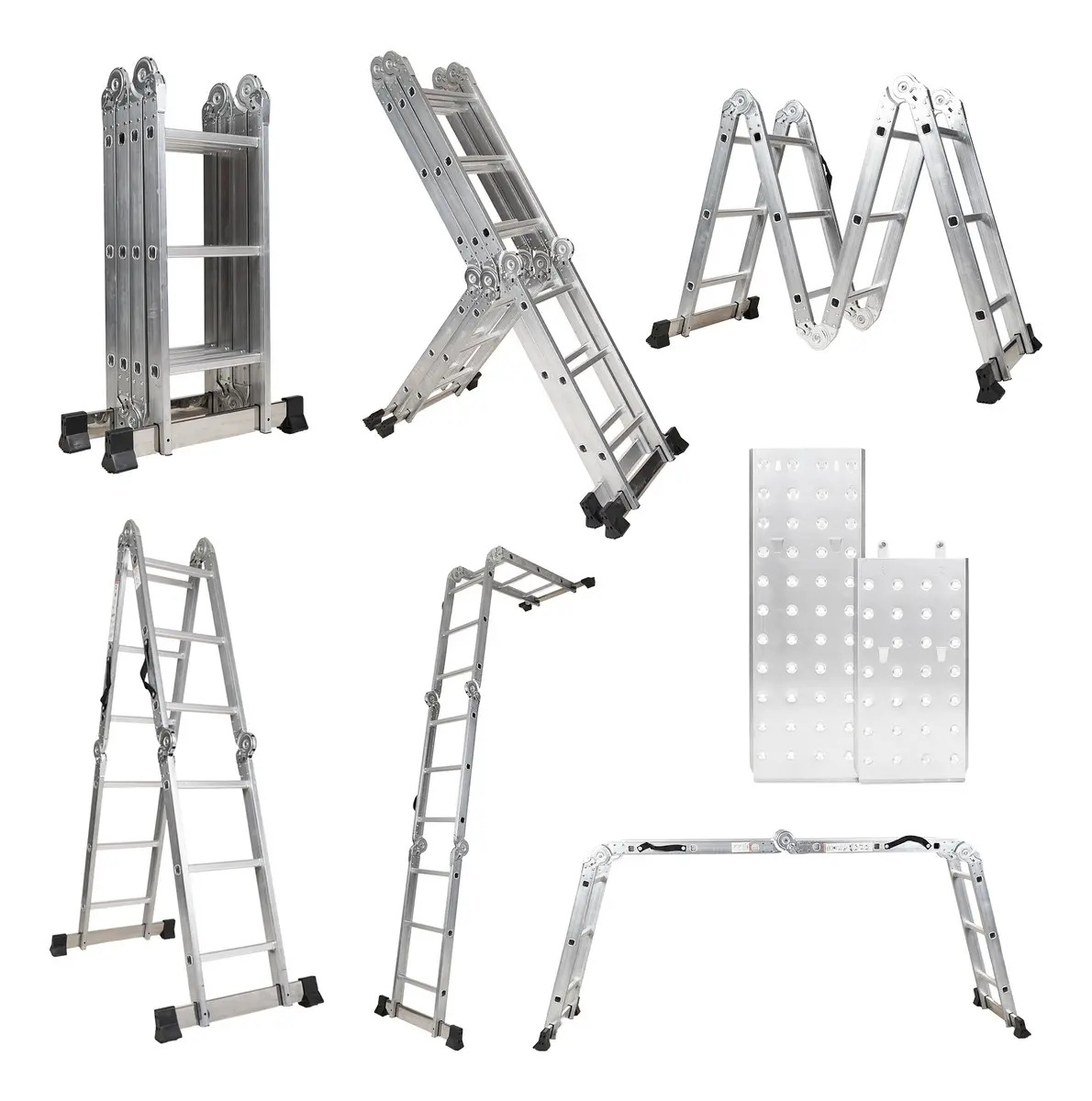 Escalera Multiposiciones Plegable De acero Inoxidable 12 Peldaños 3.5m Homex Con Charolas Plataforma Color Plata