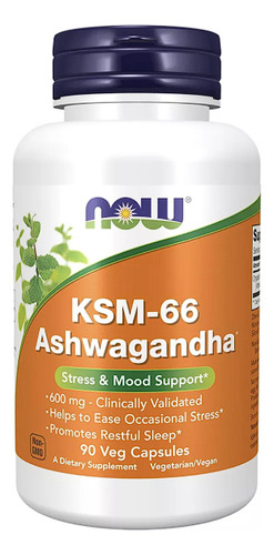 Suplemento Ksm 66 Ashwagandha 600 Mg 90 Capsulas Now Foods Sin Sabor