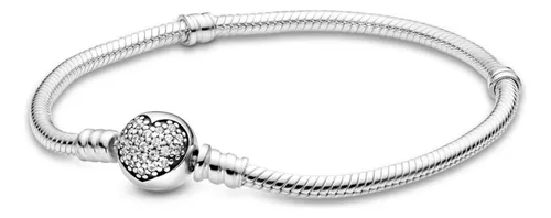 Bracelete De Prata E Fecho Redondo Coração Brilhante