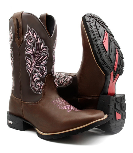 Imagem 3 de 4 de Bota Country Feminina Com Tribal Rosa Texana E Brinde Fivela