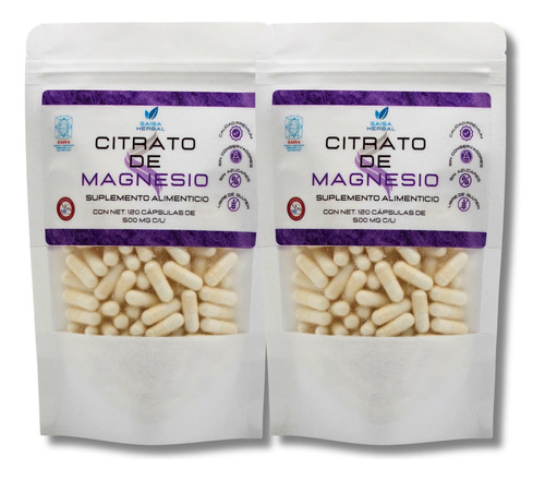 Citrato De Magnesio 2 Bolsas Con 120 Cápsulas De 500 Mg C/u.