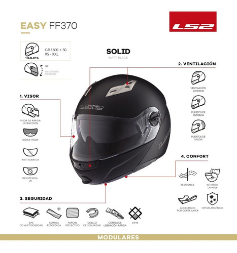 Imagen 5 de 6 de Casco Moto Ls2 Rebatible Doble Visor 370 Easy Negro Mate