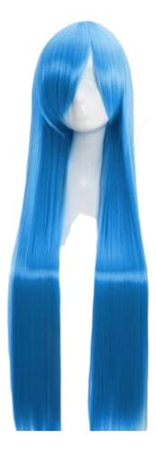 Peluca Azul Neutro Electrico Larga Lisa Con Fleco Cosplay L.