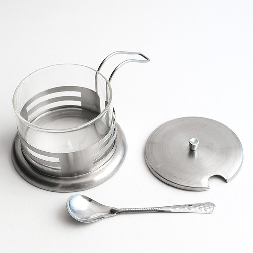 Imagem 3 de 6 de Açucareiro De Vidro Revestido De Inox Com Colher Fratelli