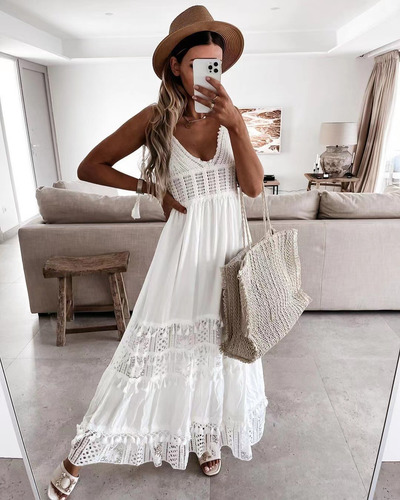 Vestido Largo Sin Mangas Con Cuello En V De Encaje Para Muje