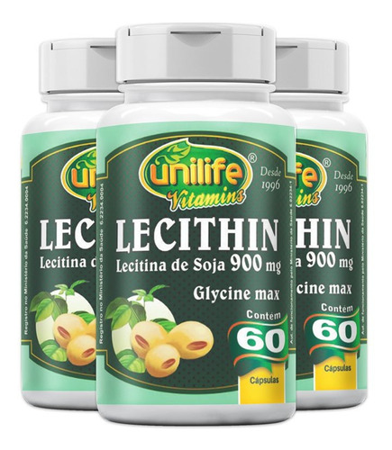 Kit 3 Lecitina De Soja 900mg Unilife 60 Cápsulas Sabor Sem Sabor