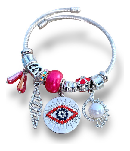 Pulsera Ojo Turco Acero Inoxidable Dijes Proteccion Plateada