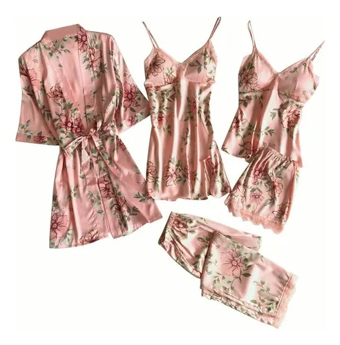 // Conjunto De Falda Sexy De Pijama De Seda For Mujer 5 Pz