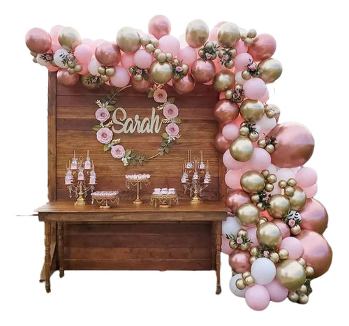 Kit Decoracion Arco Fiesta Oro Rosa Globos Bombas 148 Piezas