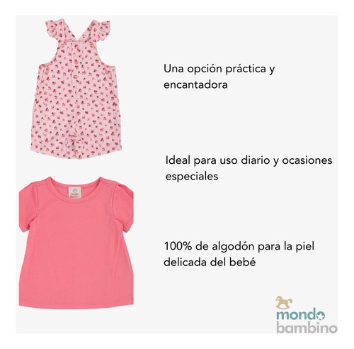 Conjunto Overol Flor Y Playera Mondo Bambino Para Bebé Niña Rosa Flores 12 M
