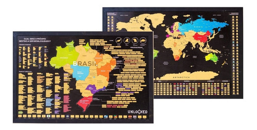 Combo Mapa Do Brasil + Mundi De Raspar Com Moldura 100x66 Cm