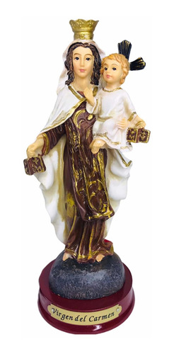 Virgen Del Carmen En Porcelana Italiana 14cm, Base Madera