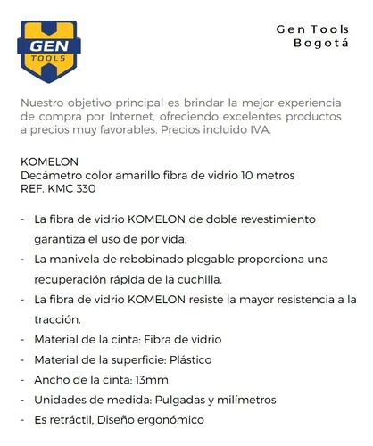 Decametro 10 Metros Komelon Orignial Fibra De Vidrio