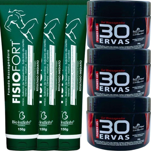  Kit 3 Gel 30 Ervas Power 300g + 3 Pomada Fisiofort 150g