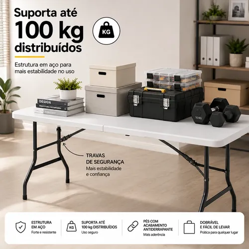 Mesa Dobrável Vira Maleta Com Alça 183x76cm Buffet Multiuso