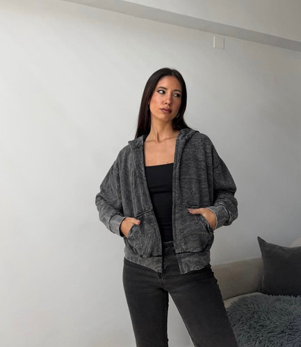 Campera Buzo Jaspeado Con Capucha Mujer Moda Vintage Premium