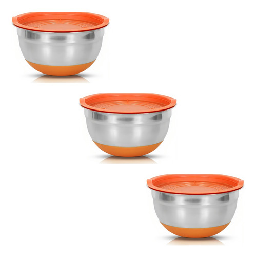 Set X3 Bowls Acero Inoxidable 18 Cm Base Silicona Tapa Color