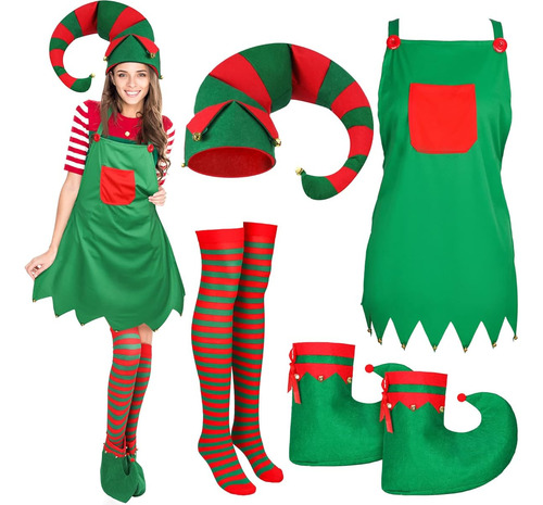 Disfraz De Elfo Navideño Para Mujer Con Medias Color Verde