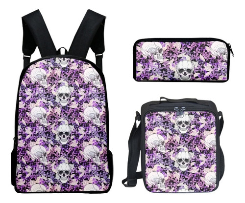 Conjunto De Mochila Escolar De Tres Piezas Con Mochila Con Calavera De Flores