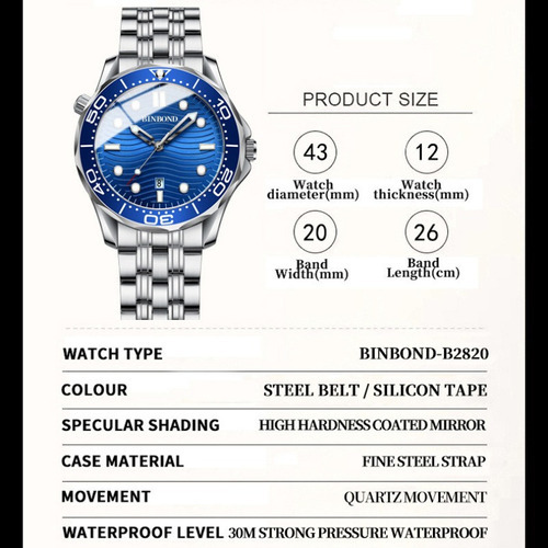 Reloj Binbond de lujo con calendario de cuarzo inoxidable, color plata/blanco