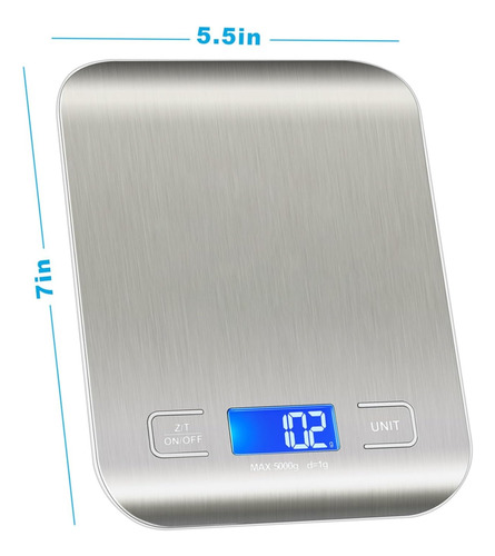 Bascula Digital Cocina Inoxidable 5 Kg/1g Lcd Multifuncional Plateado 5 Kg
