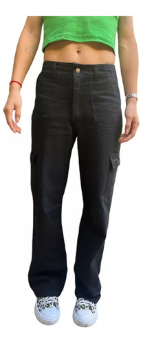 Pantalon Jean Cargo Wide Leg Recto Con Bolsillos Negro Mujer