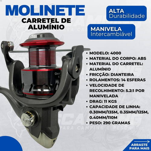 Kit De Pesca Vara Maciça 35 Lbs + Molinete 4000 E Linha 100m Aleatória