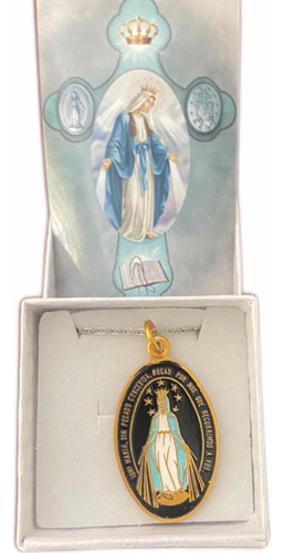 Medalla Milagrosa Azul Y Dorado Con Cadena Y Oración