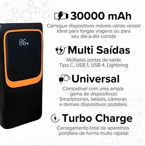 Carregador Portátil Power Bank 30000mah 22.5w Portátil Com Cabo Usb-c E iPhone Carregamento Turbo Powerbank Turbo Power Bank Carregador Rapido Compatível Com iPhone E Android Powerbank Com Lanterna