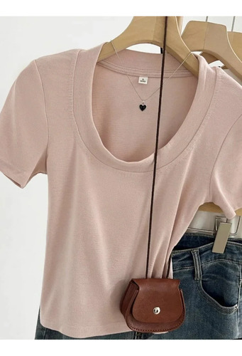 Camiseta De Verano Con Cuello En U Y Corte Ajustado De Manga