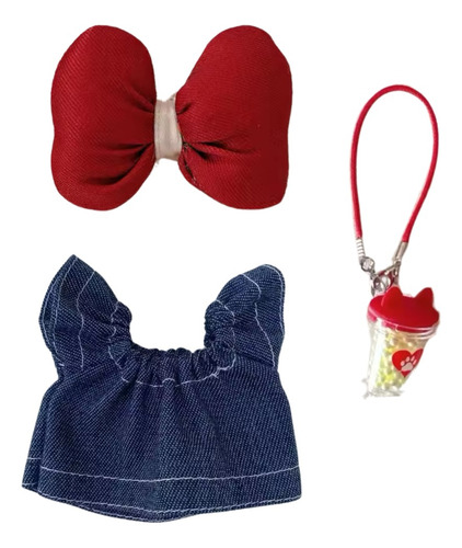 Kit Ropa Muñeca Labubu 3 Piezas Vestido Moño Y Cantimplora