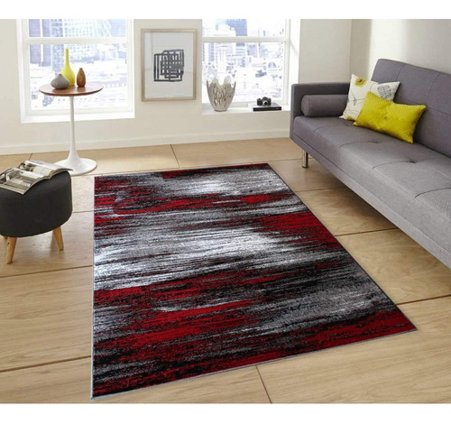 Alfombra Moderna Para Sala Estar Abstracta Suave Felpa Roja