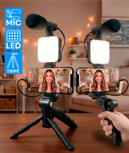 Kit de Gravação Youtuber Tiktoker Video Maker Estabilizador Com Microfone Tripé Led Vlog Profissional Para Celular iPhone/android Luz Led Para Gravação E Fotos Cor Preto - Good Vision