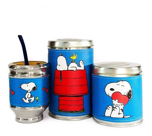 Combo Mate Aluminio Madera Yerbera Azucarera Latas Snoopy