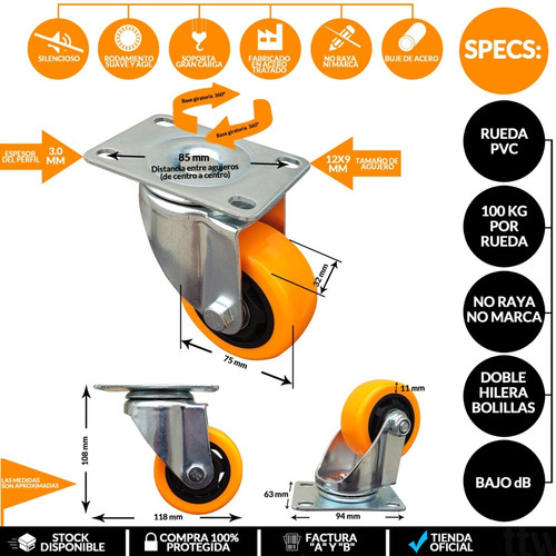 Imagen 3 de 10 de Kit 8 Ruedas Giratorias Pvc 75x32 Mm 4 C/ Freno Acero Mueble