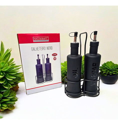 Galheteiro Vidro Nero Vinagreiro E Azeiteiro C/ Suporte Aço